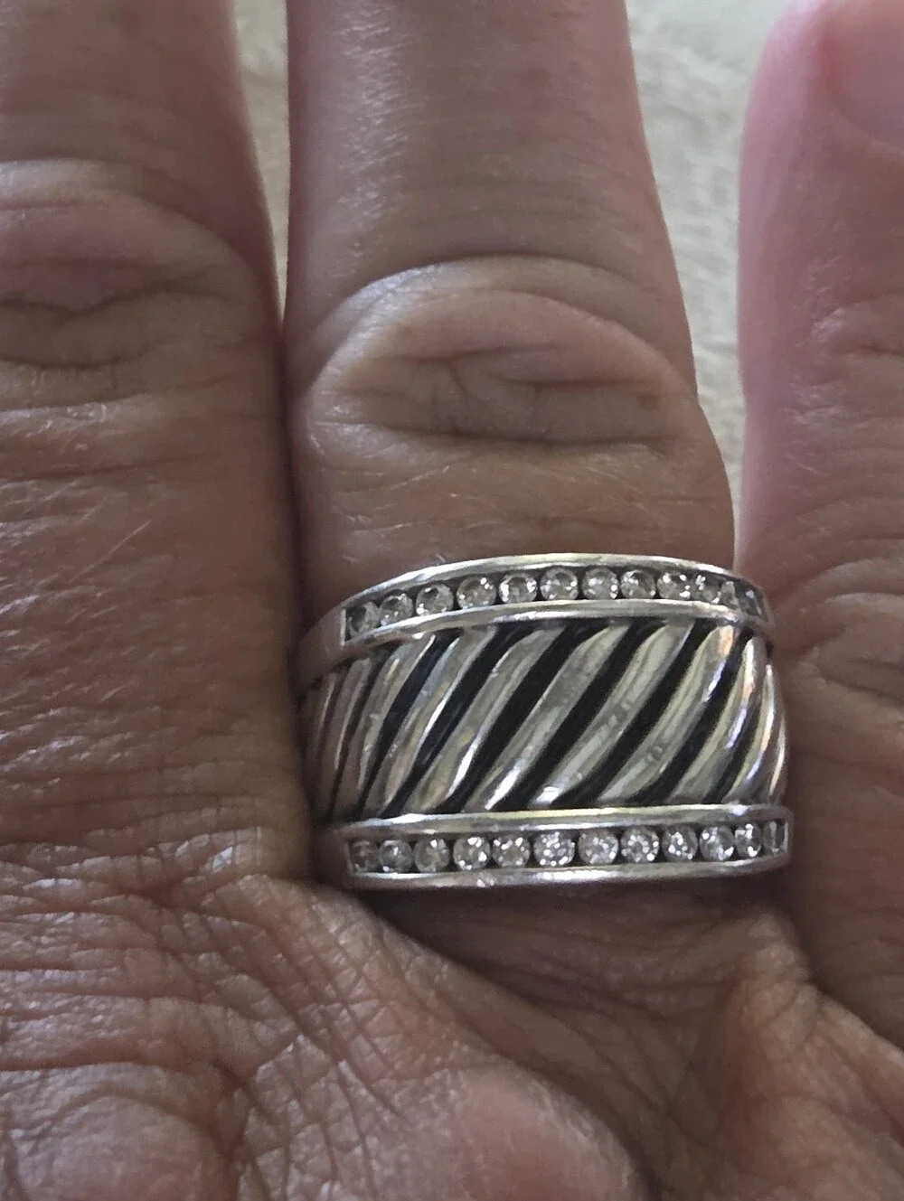 David Yurman Diamond Cable Cigar Band Ring, SS, Size 7